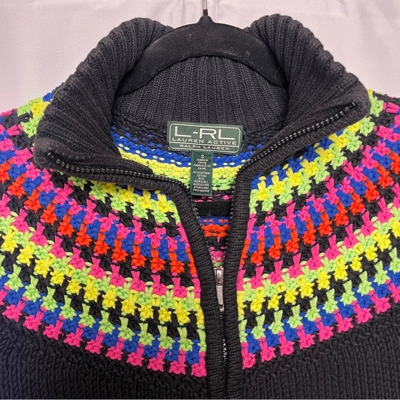 LRL LAUREN RALPH LAUREN Women's Black Full Zip Colorful Neon Yoke Cardigan Small - Picture 5 of 10